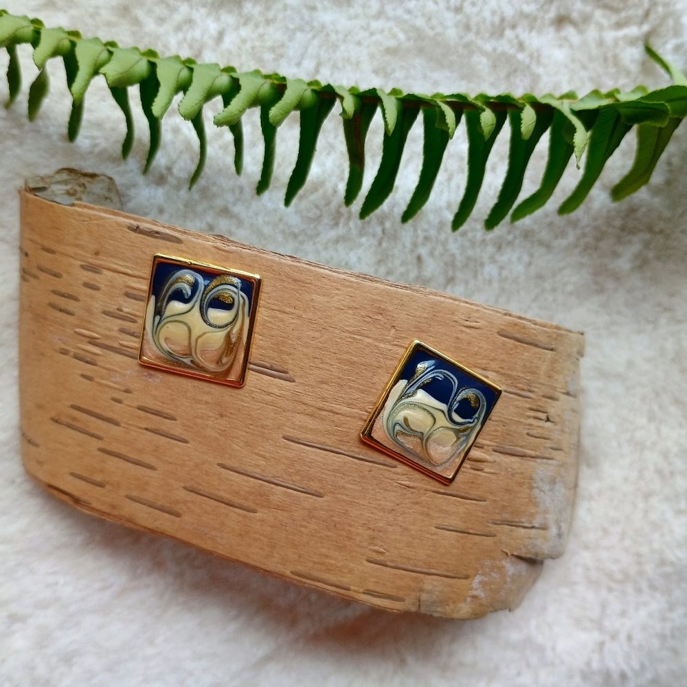 Vintage, 80s, square enamel and gold tone stud earrings, wearable art, abstract